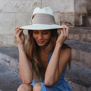 Freya Panama Hat Straw Tan Gray/Purple, One Size Bailey Parson Genuine Panama Straw Fedora Hat | DAPPERFAM main image 3