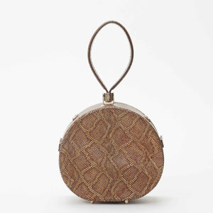 Mini Poppy Round Leather Bag, Camel Embossed