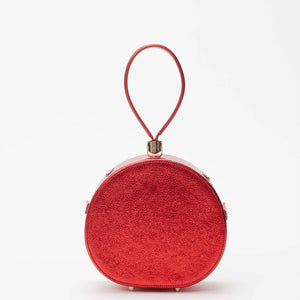 Mini Poppy Round Leather Bag, Ruby Metallic