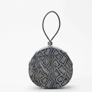 Mini Poppy Round Leather Bag, Black Python Embossed